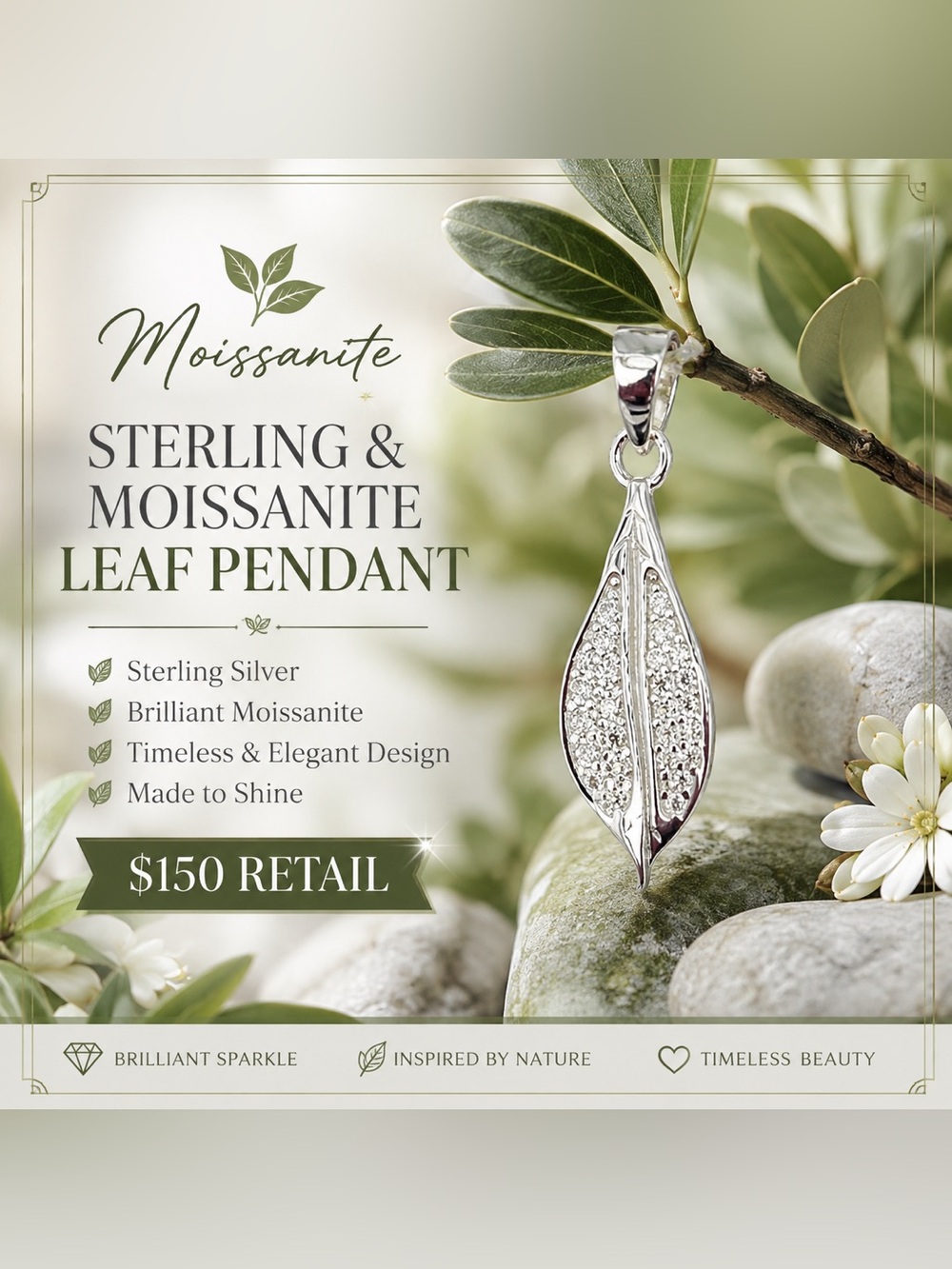 Sterling & Moissanite Leaf Pendant $150 retail